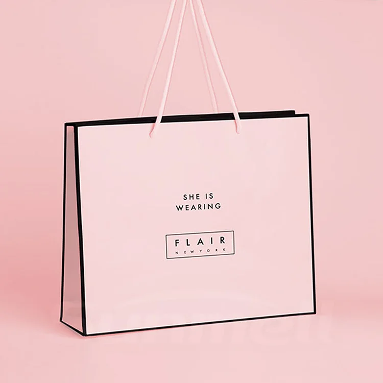 Women Fashion Accessories Packing Pink Gift Bags Custom Logo Paper Shopping Carrier Bag With Drawstring Black Ribbon Handle