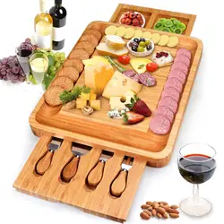 Best sell Large Bamboo Cheese Cutting Plates Board Set and Knife Set With Hidden Slide Drawers Wood Charcuterie Platter Board
