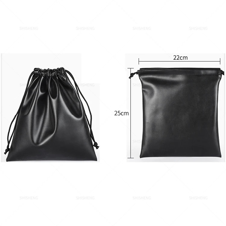 SHI SHENG High Quality Small Drawstring Black Pu Leather Pouch for Cosmetics Headphones Jewelry Earplugs Gift Packaging Bag