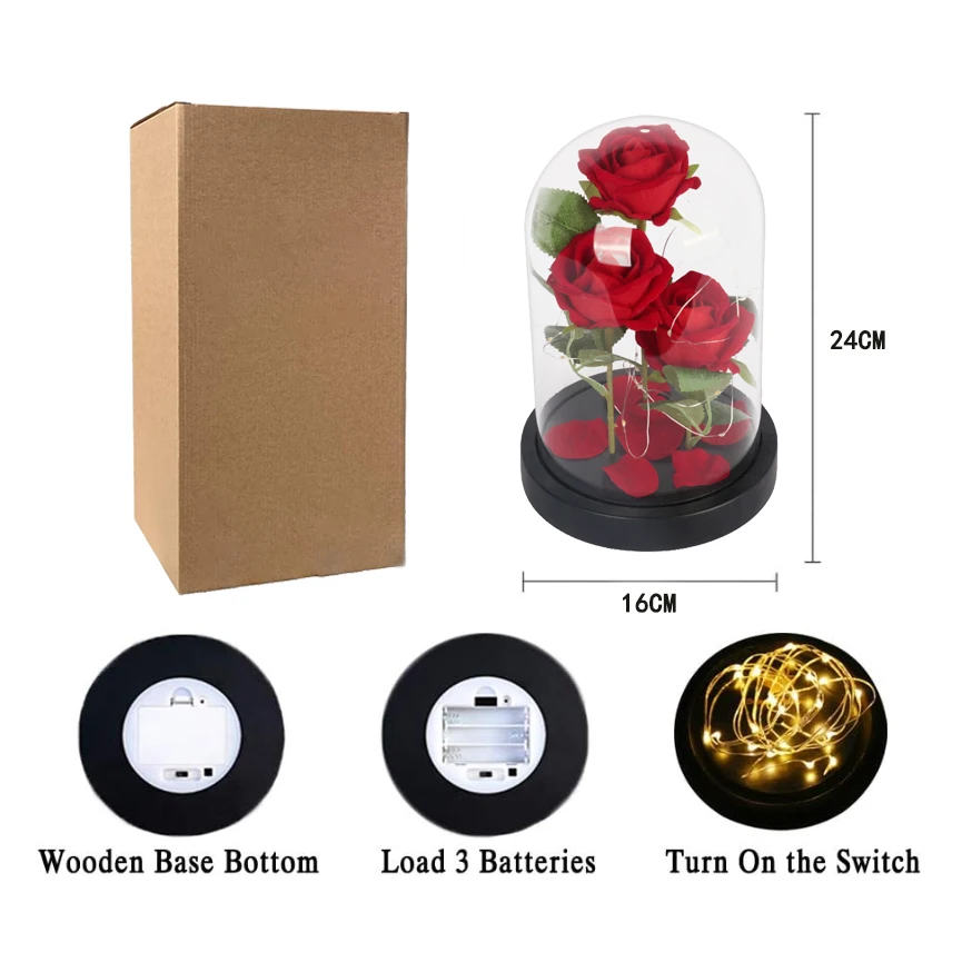 wholesale reasonable price gifts elegant decorative forever eternal rose led light preserved enchanted rose flower in glass dome