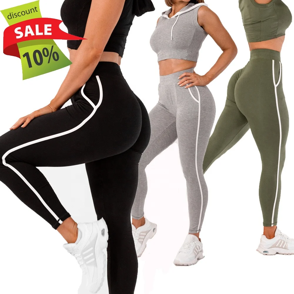 Women Wholesale Polyamide Elastane Gym Slimming Striped Leggings Scrunch Butt Booty