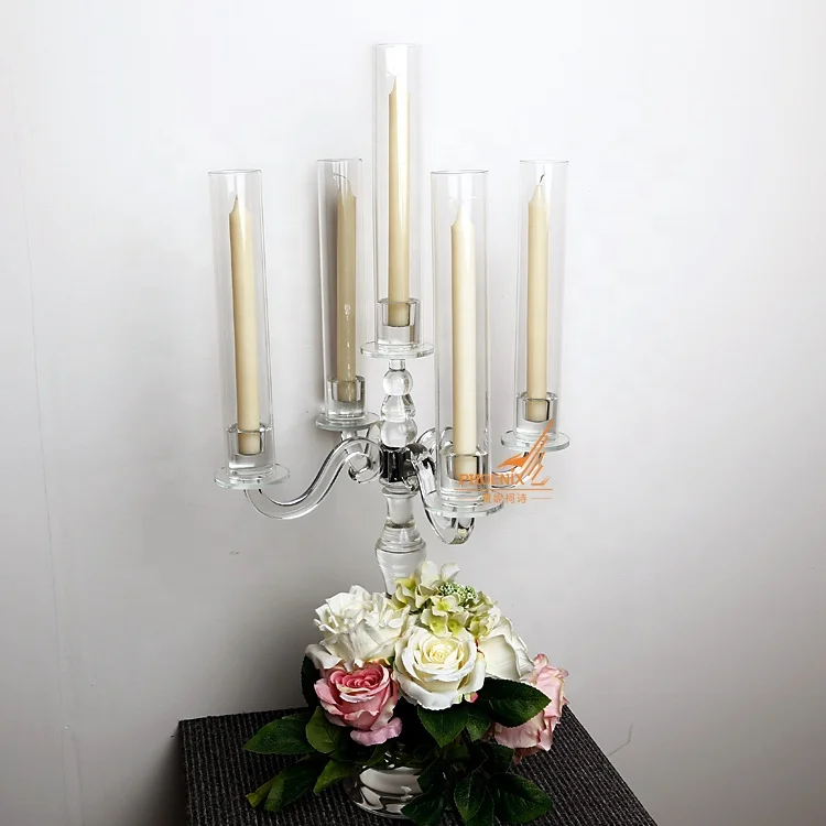 Popular cheap price 5 lights elegant 80cm tall crystal glass candelabra glass tubes candleholders wholesale
