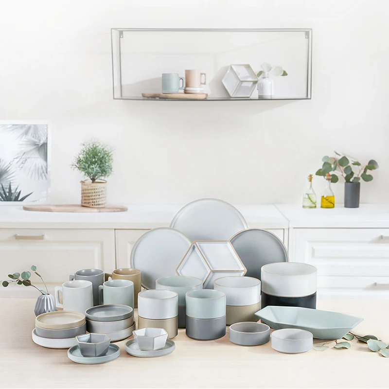 Wholesale korea style stocked high quality brown glazed home/restaurant bowl and plate set ceramic