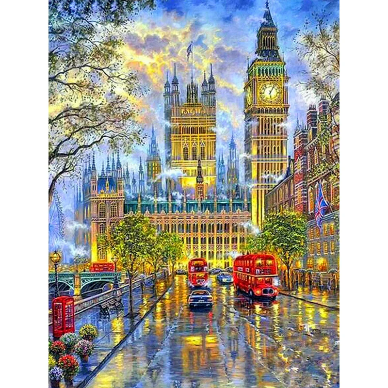 Popular 5D Diy Diamond Landscape Painting Street City Mosaic Living Room Decor New Trend Full Drill Rhinestone Short Lint Canvas