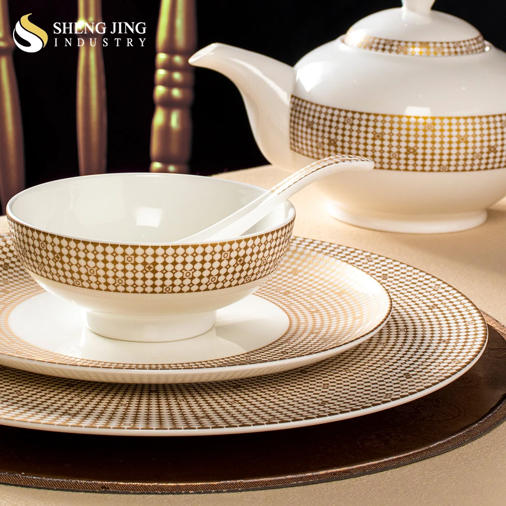 OEM Luxury White Gold Ceramic Dinnerware Set Fine Bone China Tableware Household Restaurant Hotel Ceramic Dinner Sets