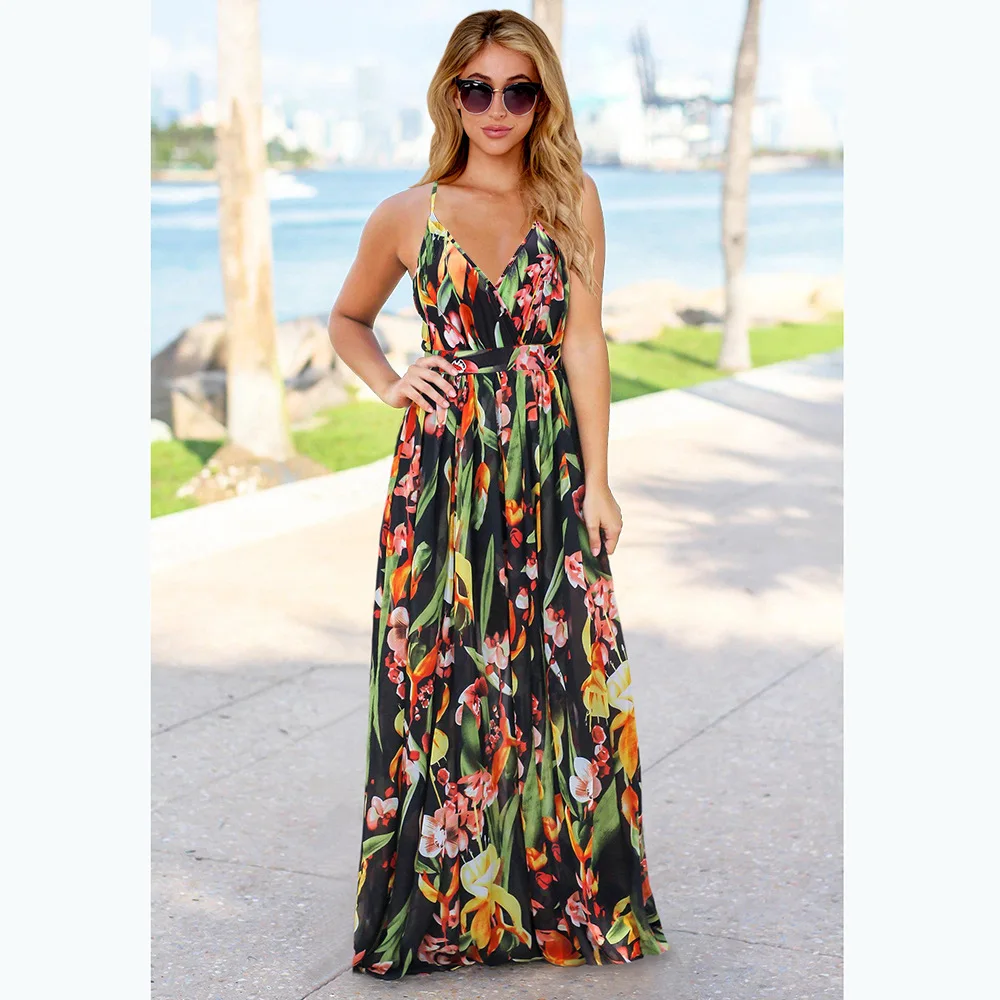 Wholesale hot 2024 spring/summer new dress Bohemia floral fashion casual sexy suspender dress long dress