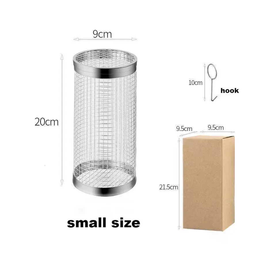 Round Stainless Steel Metal Net Tube Bbq Barbecue Basket Cylinder Rolling Grilling Basket