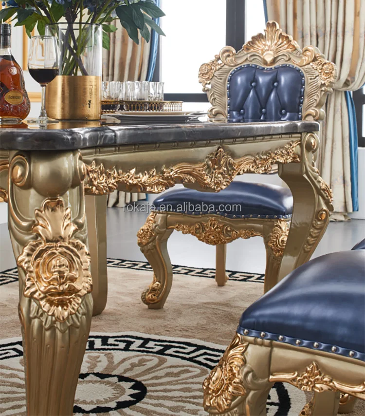 European Marble Rectangular Dining Table And Chairs Set Gold High-Grade Double Sided Carved Leather Dining Chairs Set