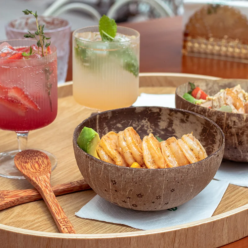 100% Natural Unique Handcraft Engraved Coconut Tableware Wholesale Coconut Wood Bowl Lid With Logo