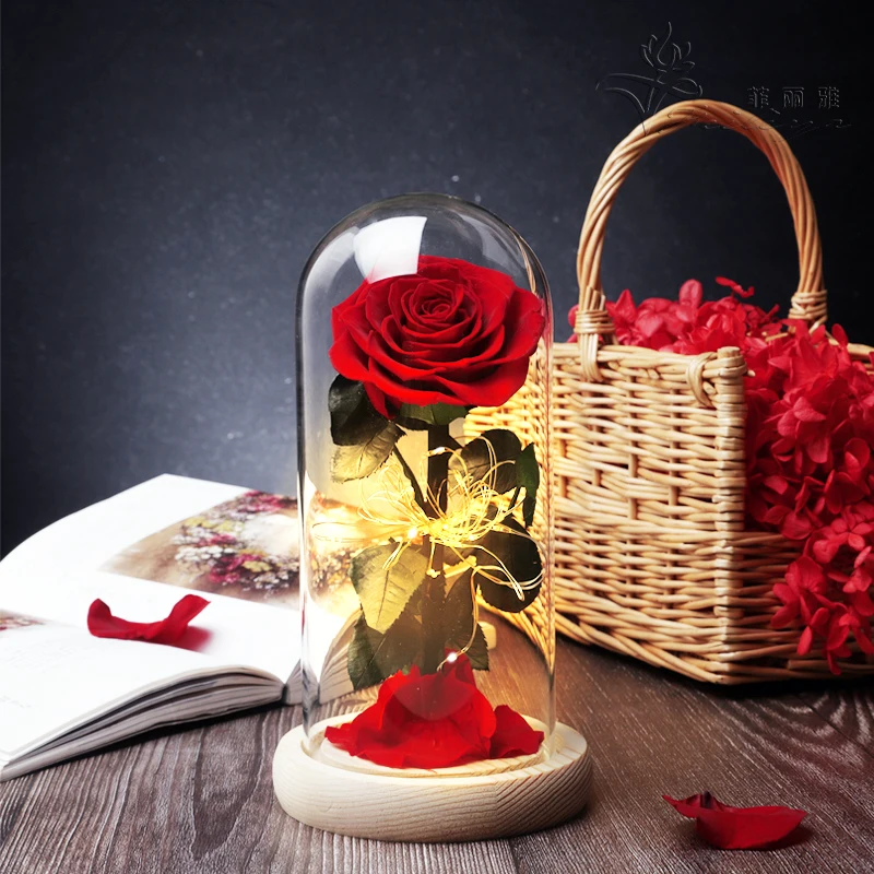 Amazon Hot Selling Competitive Price Preserved Rose in Glass Dome with Gift Box for Christmas Chinese New Year Box 2pcs 2021