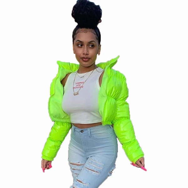 Зеленое блестящее укороченное Женское зимнее пузырьковое пальто с длинным рукавом, пуховая куртка, куртка, женские куртки