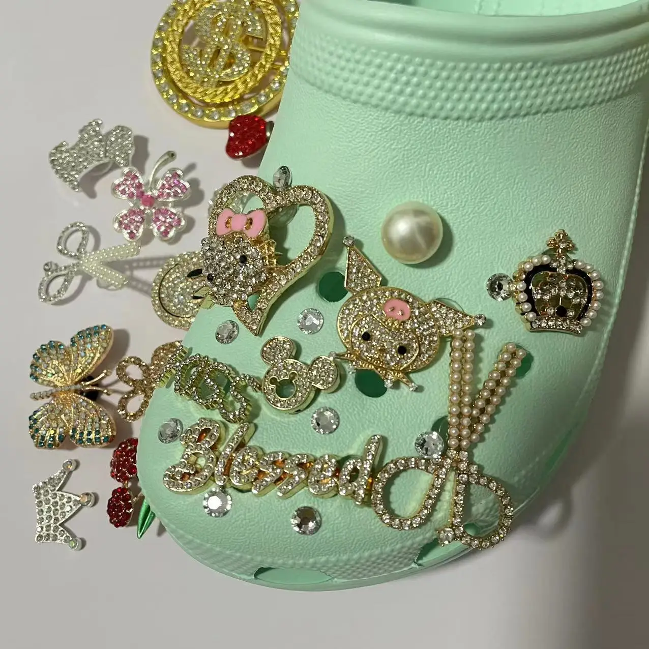 Hot sale croc slippers accessories metal bling charms hello ty croc charms shoe charms for croc shoes decoration