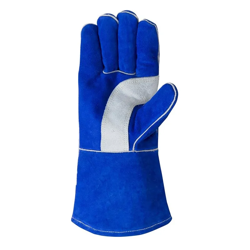 14 Inch Blue Fireproof and Heat Resistant Reinforced Cow Leather Welding Gloves guante soldadura