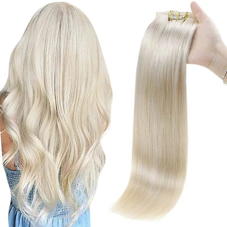 Full Shine PU Clip Hair extensions #60 Platinum Blonde Remy Human Hair Seamless Clip in Cambodian Human Hair Extensions
