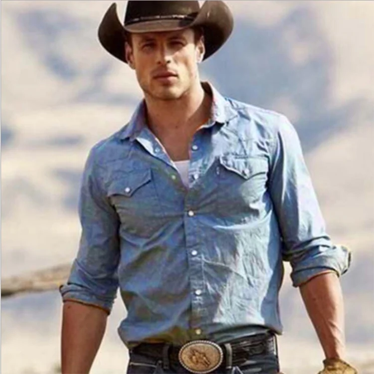 Мужская джинсовая рубашка, Однотонная рубашка из денима, 2021