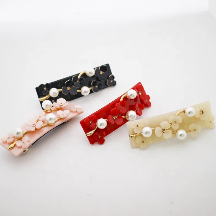 
French Style Fashion Colorful Hair Clips Acetate Pearl Rhinestone Flower Hair Barrettes For Women 