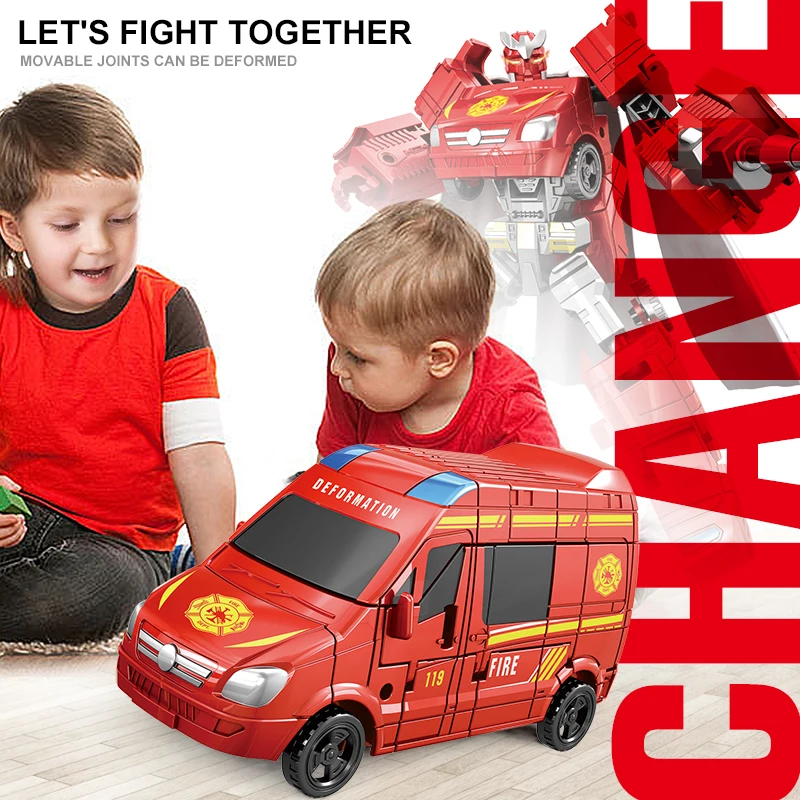 2 In 1 Fire Truck Transforming Toys Friction Powered Vehicles Deformed Toy for Toddler Kids Boys Gifts