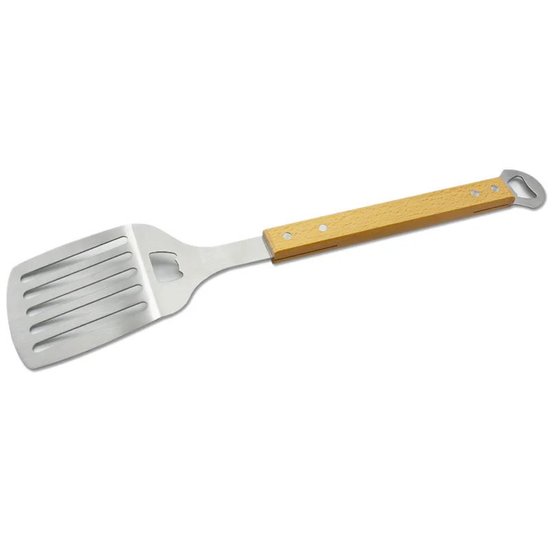 Customized Available Wood Handle Stainless Steel BBQ Spatula With Beer Bottle Opener Grill Spatula Kitchen Turner