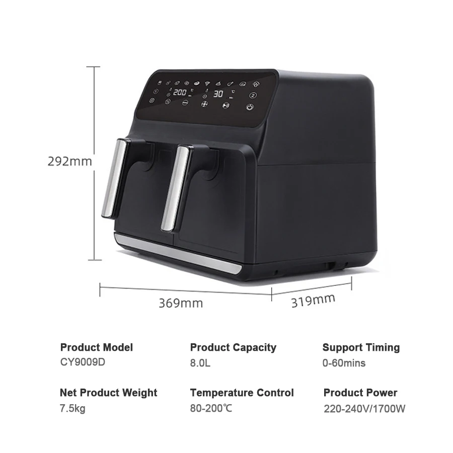 Professional 4L+4L Large Capacity 8 Liters Air Fryer De 8L Dual Drawer Zone Smart Square Air Fryers with Two Basket