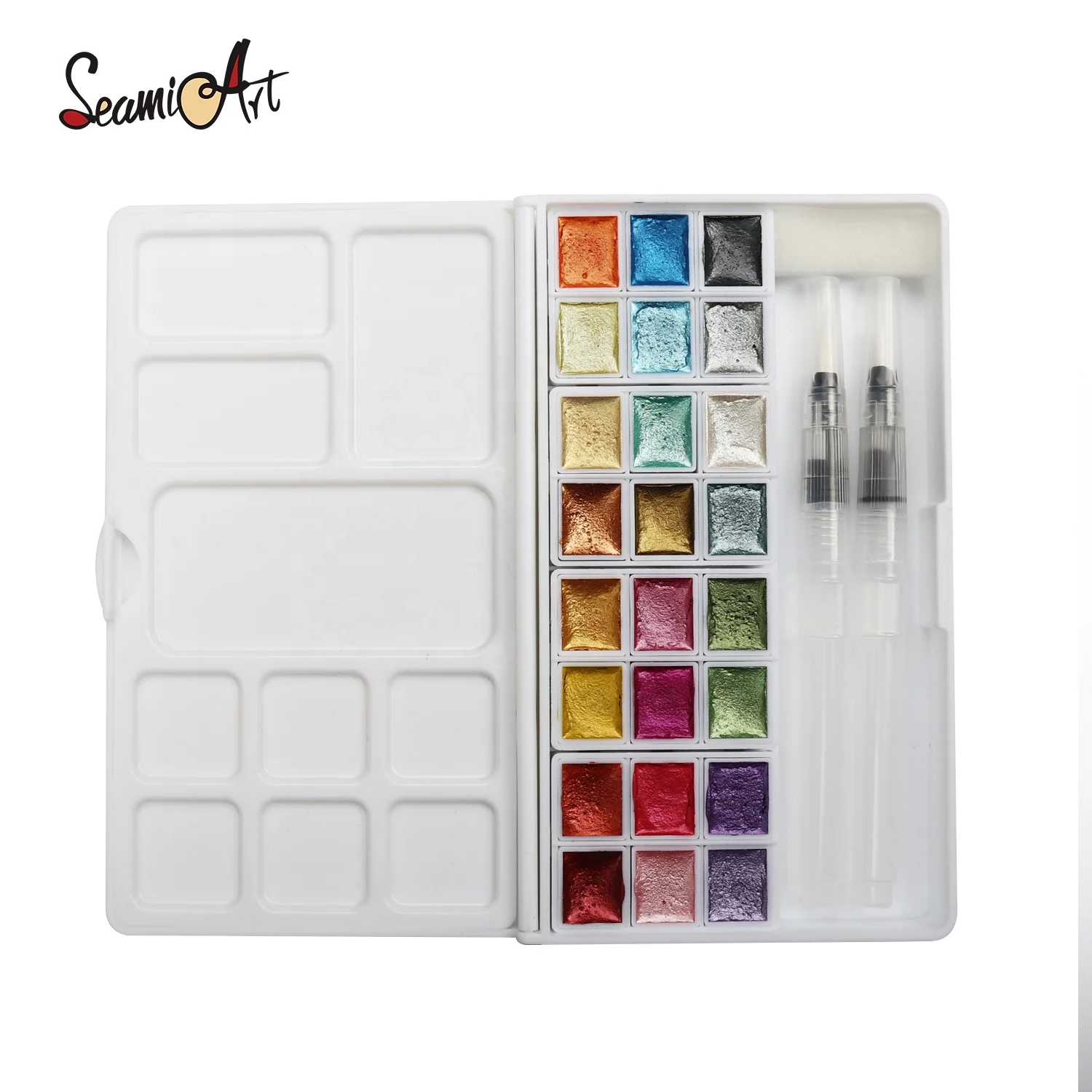 seamiart 24 Color Glittery solid watercolor kit pearl metallic paint pan Set with 2pc water brushpen &Palette acuarelas aquarela