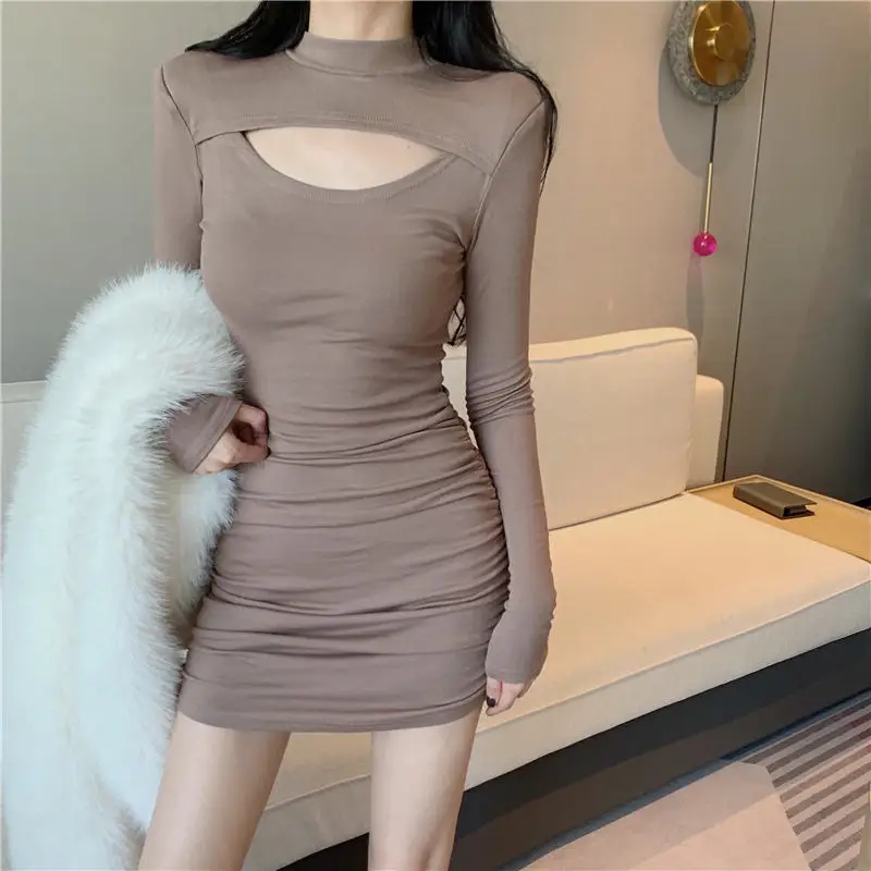 Custom logo FNJIA Hanging neck dress Slim and thin pleated bottom skirt Europe and America Scoop Tight Dress