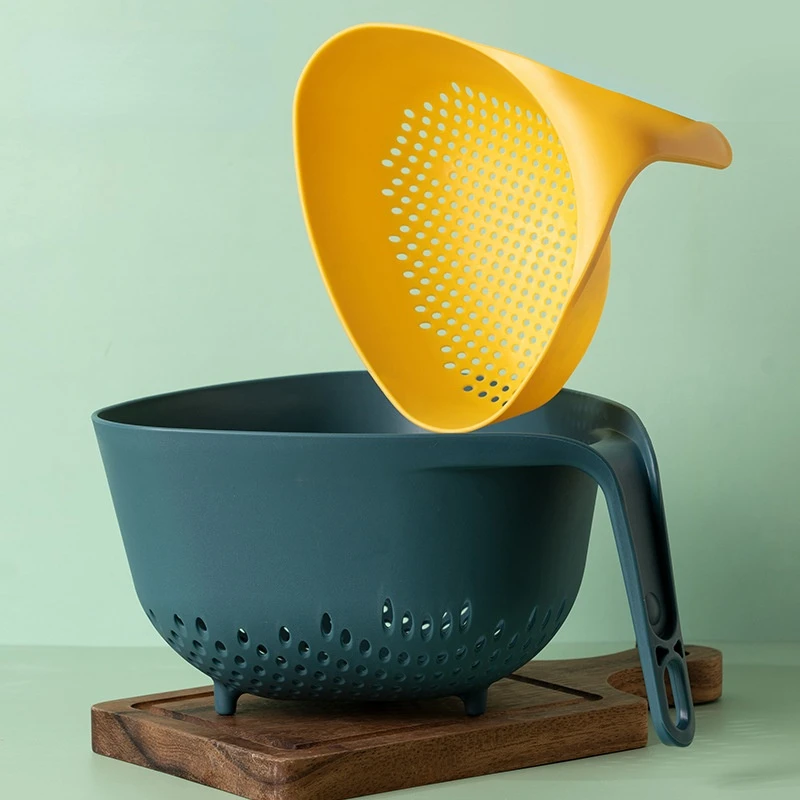 Double Layer Round Kitchen Drain Basket with Handle multifunctional Plastic Wash Fruit Vegetable Drain Basket