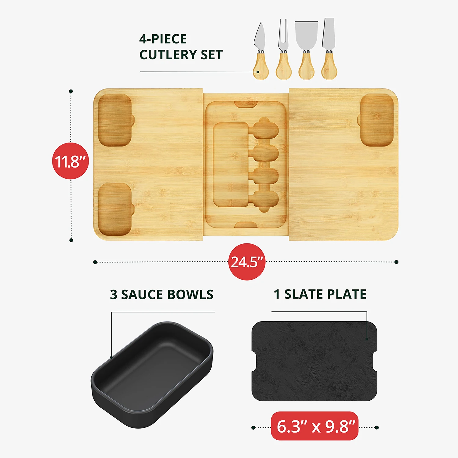 Hot Selling Bamboo Charcuterie Boards Set with 3 Sauce Bowls and 4 Knives and Slate Plate Unique Cheese Board Serving Tray