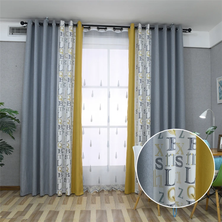 The Latest Design Gray Letters Embossed Jacquard Style Hotel Temperature Control Dust-Proof Grommet Polyester Blackout Curtain/