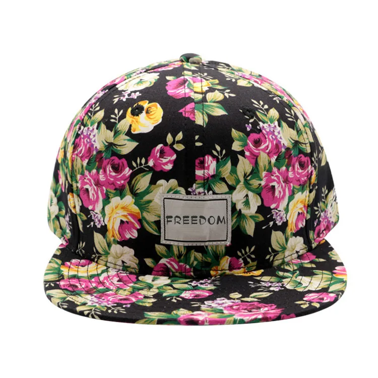 Mens Sublimation Printing Floral Baseball Hat Flat Brim satin lined Printing Floral Snap Back Cap Snapback With Woven Label