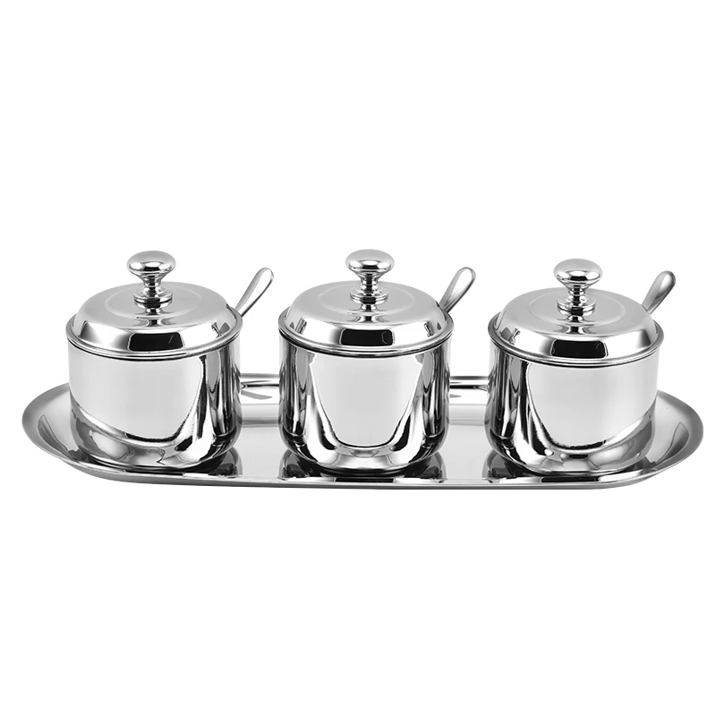 Cafe Restaurant Stainless Steel Kitchen Seasoning Pot 3 Pack Set Mirror Polish Metal Pepper Sugar Salt Bowls Canisters