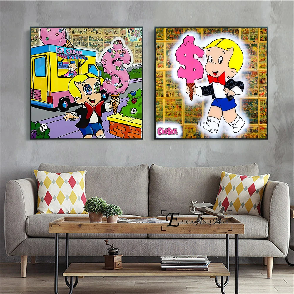 Funny Cartoon Cash is King Get Rich little Boy Wall Art Pictures For Home Decor Cuadros Living Room Decoration Canvas painting