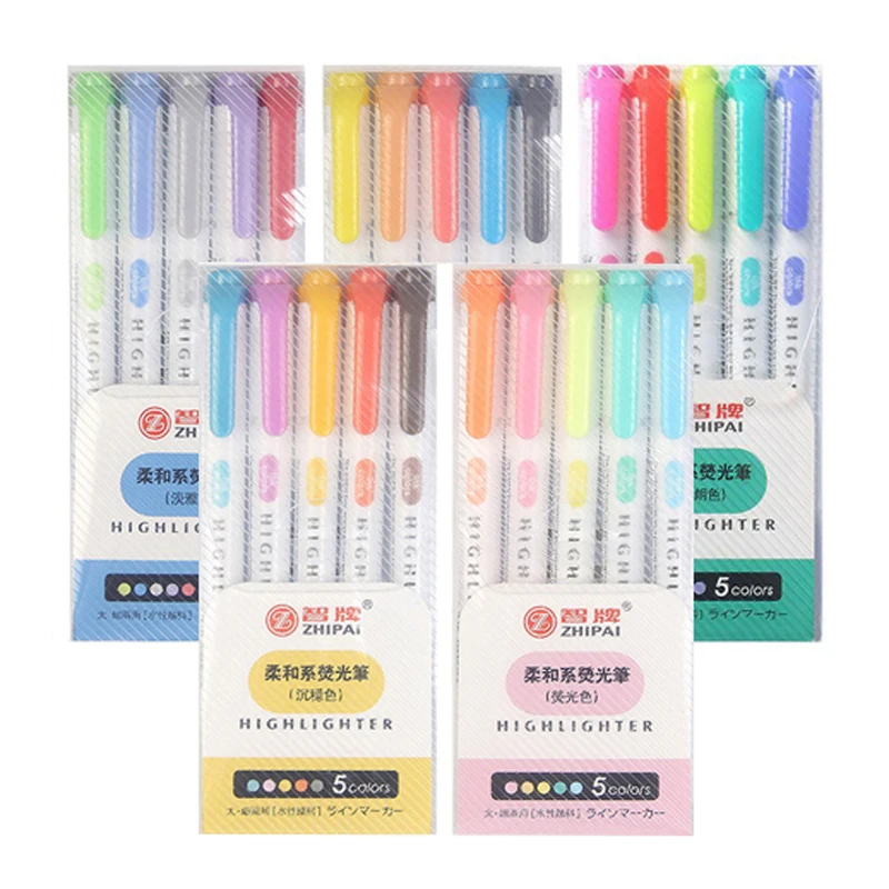 5 Colors/set Double Headed Highlighter Pen Set Fluorescent Markers Highlighters Pens Art Marker Japanese Cute Kawaii Stationery