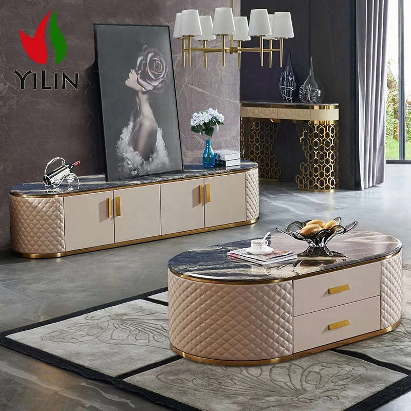 Modern Living Room Furniture TV Cabinet Center Table New Style Marble Coffee Table And TV Table Set