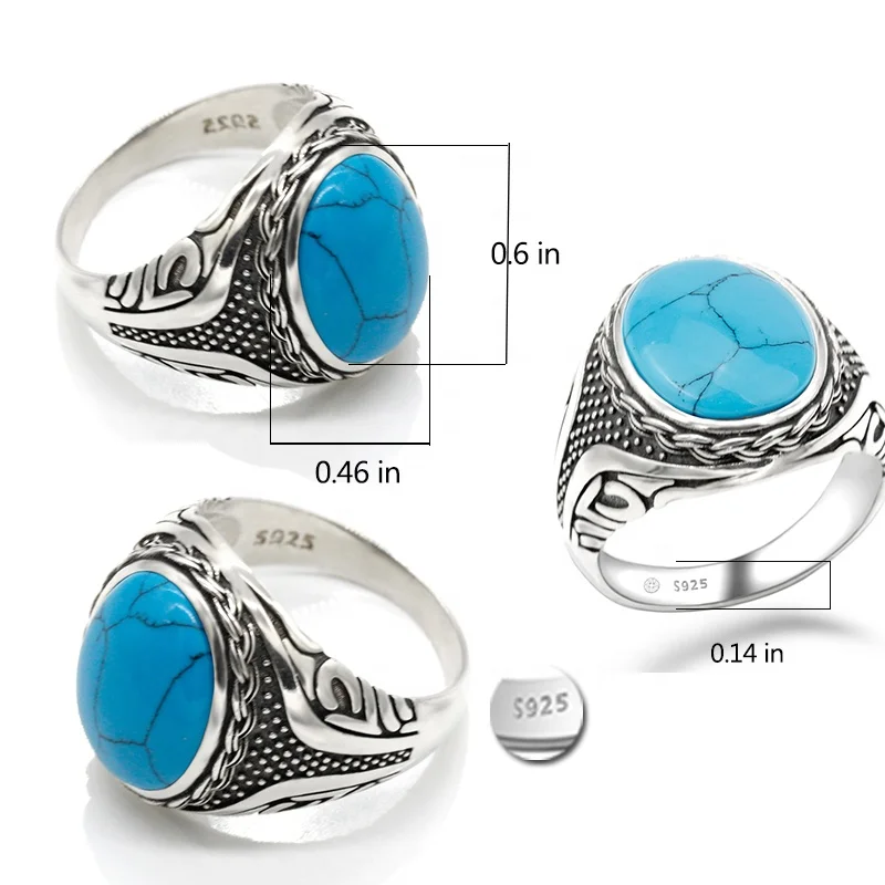 Wholesale S925 Silver Blue Turquoise Stone Rings for Men Turkish Jewelry