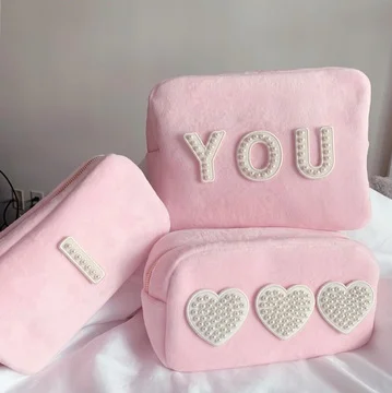 Wholesale Custom Cute Girls Zipper Soft Terry Cloth Fabric Chenille Patch Cosmetic Bag