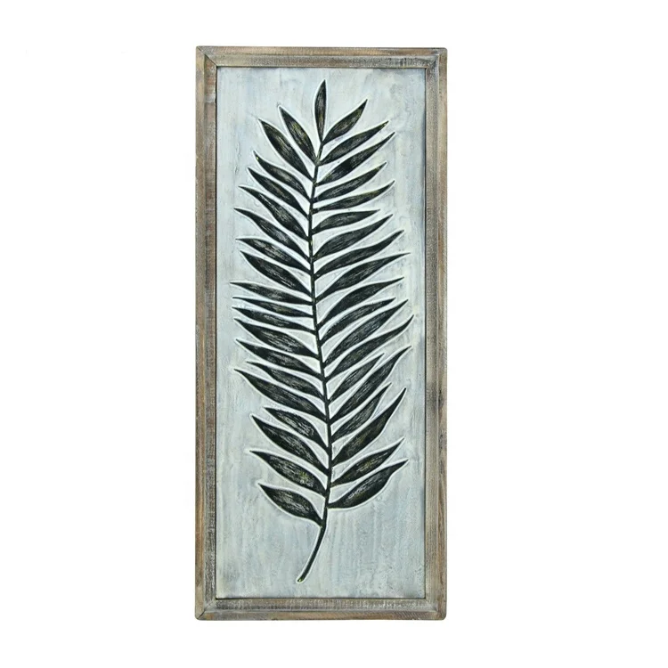 IVYDECO Antique Fern Leaf Impression Wood Frame Metal Wall Art for Livingroom