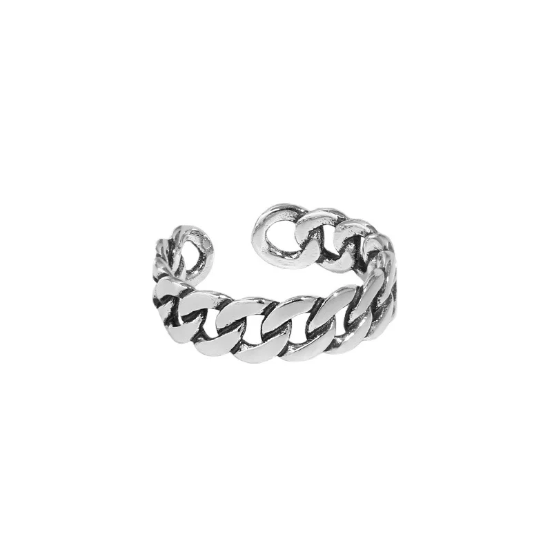 New Sterling Silver S925 Wide Elegant Luxury Cuban Chain Rings Open Band Ring for Girls Statement Adjustable Punk Men Rings