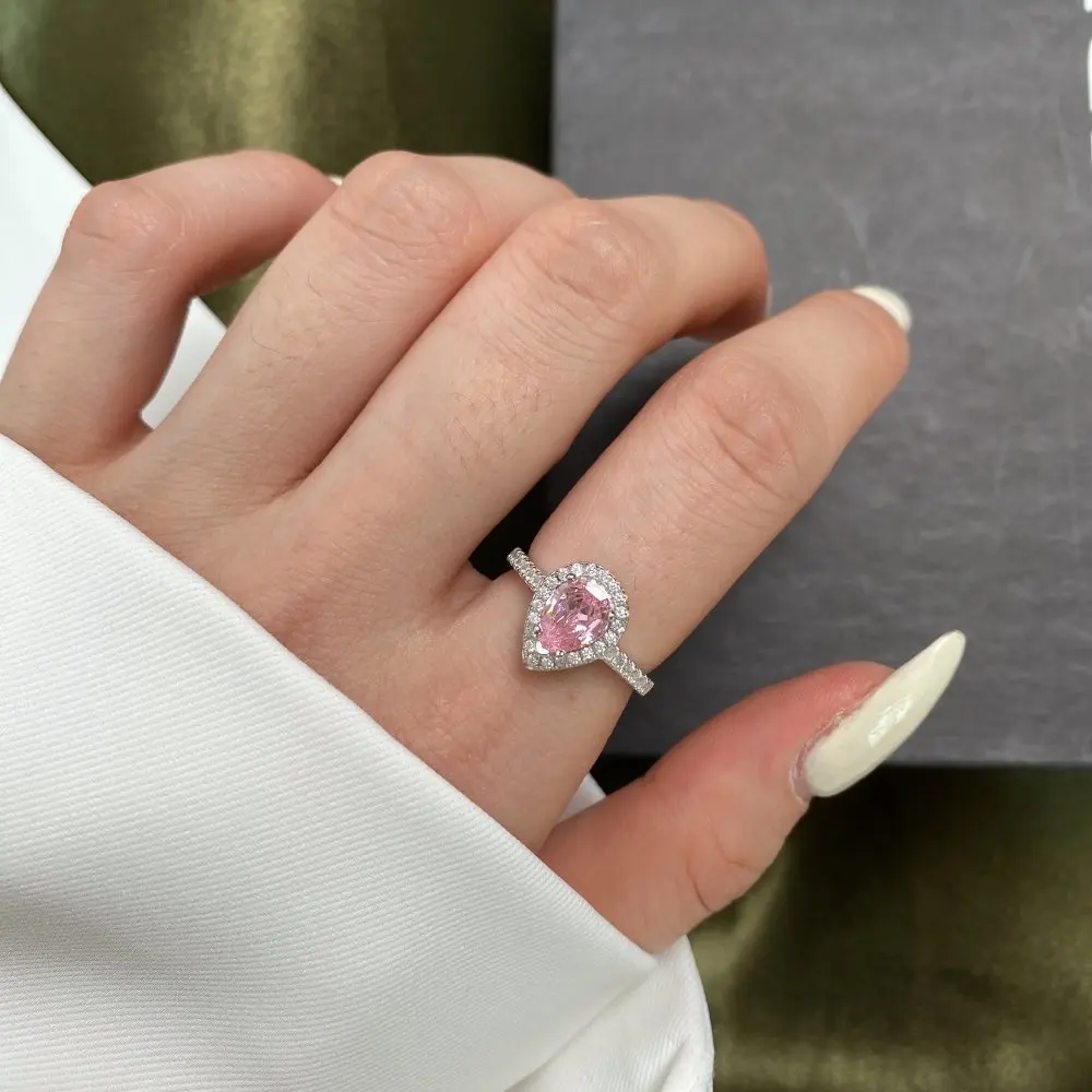 S925 Sterling Silver Ring Female Water Drop Cute Peach Heart Temperament Square Diamond Pink High Carbon Diamond Ring