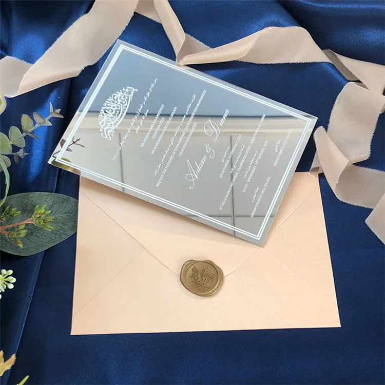 Золотая зеркальная Свадебная пригласительная открытка оптовая продажа акриловое приглашение роскошная шелковая печать