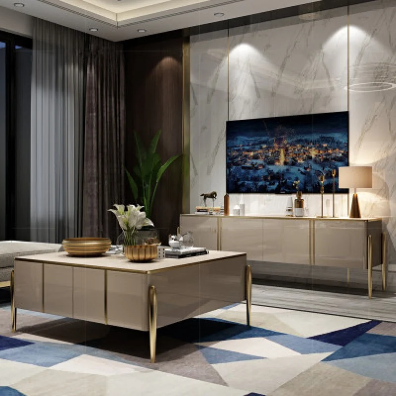 Luxury Customised ssquare champagne gold coffee table glossy baking paint center tea table wooden marble glass 4 door side table