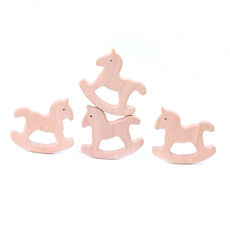 Wholesale 60x68 mm Wooden Beech Wood Teethers Organic Rocking Horse Shaped Teether Toys