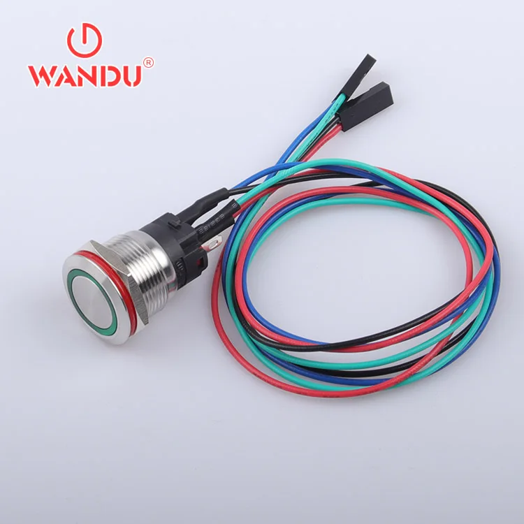 WANDU 19mm Stainless Steel anti front IP68 2NO 6v 12v 24v Ring red yellow blue led plastic push button switch with wire leads