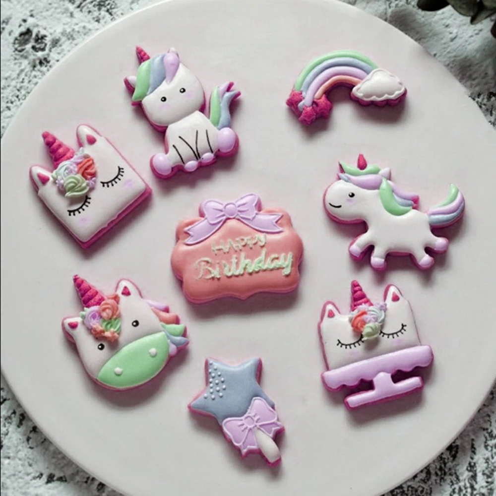 8Pcs/Set DIY Cute Cartoon Unicorn Horse Shape Fondant Cake Cookie Cutter Mold Biscuit Decorating Moulds Kitchen Baking
