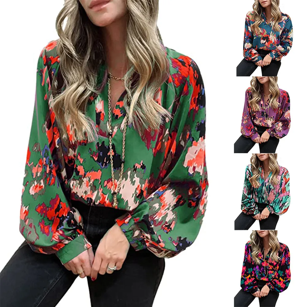 Wholesale Women Clothing Chiffon Blouses Elegant Lady Colorful Printed V Neck Shirts