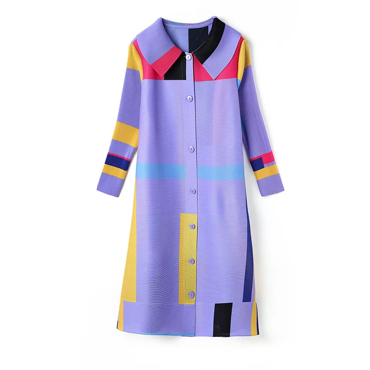 Fashion aging white windbreaker in the long spring autumn Miyake print contrast color lapel temperament pleated long sleeve coat