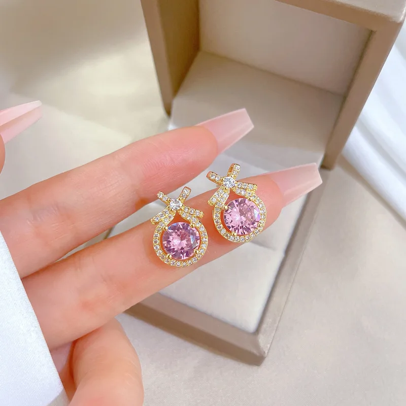 Fashion 18k Gold Plated Stainless Steel CZ Bowknot Pink Round Cut Zircon Pendant Necklace and Earring Jewelry Set for Women