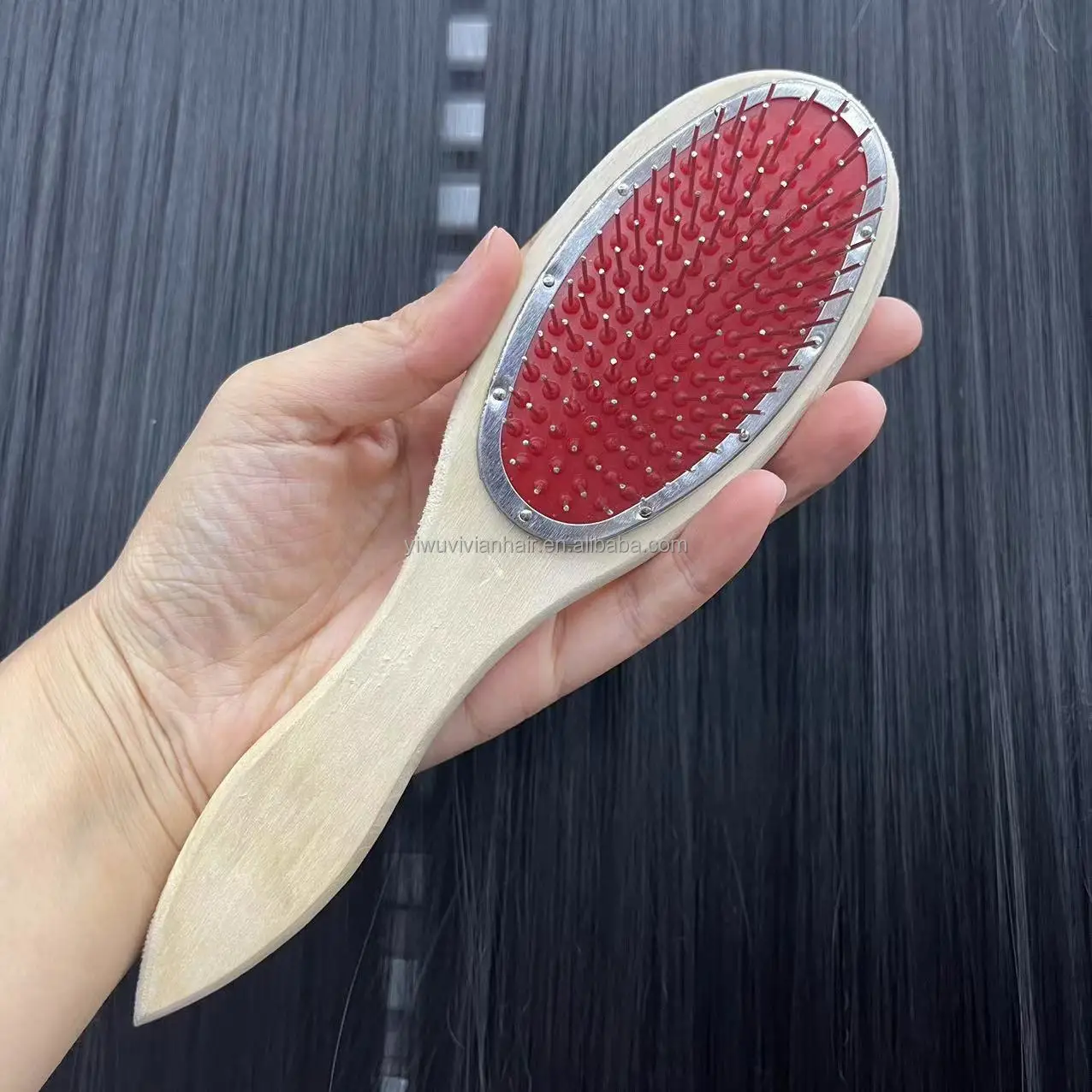 Portable Cushion Hairbrush Wig Anti-Static Steel Comb Wooden With Metal Stainless Steel Pins