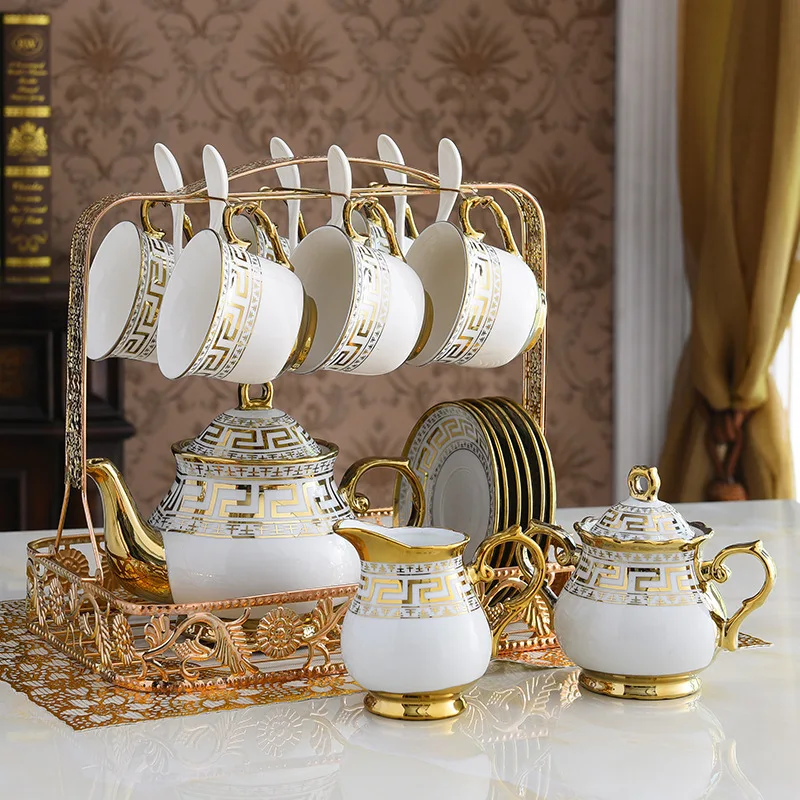 Golden Ceramic Tea Set Porcelain Gold Coffee Cups Teapot Milk Pot Sugar Jars With Holder Tea Cup Saucer Set