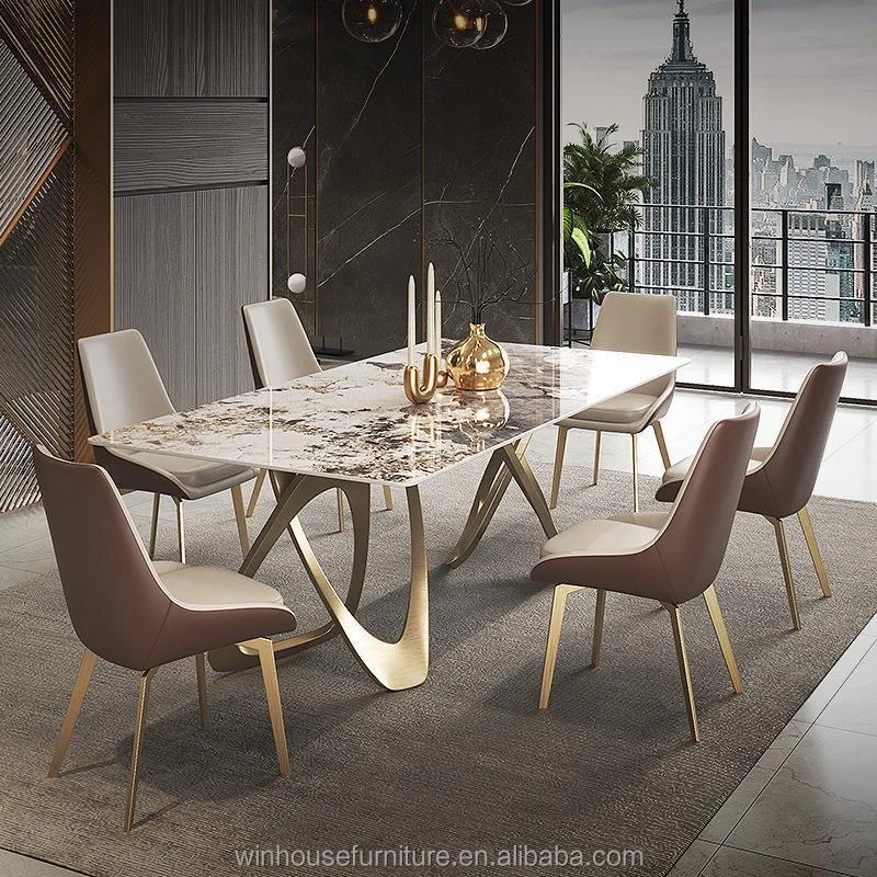 Luxury stainless steel dining table dinning set with 6 chairs dining table with mable top dining room furniture