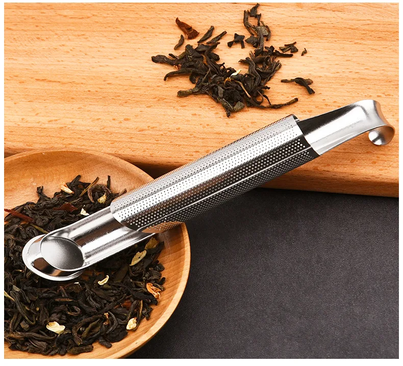 Customized Laser Logo Fine Mesh Tea Diffuser Tea Steeper Long Handle Stick Pipe Stainless Steel Tea Strainer With Hook